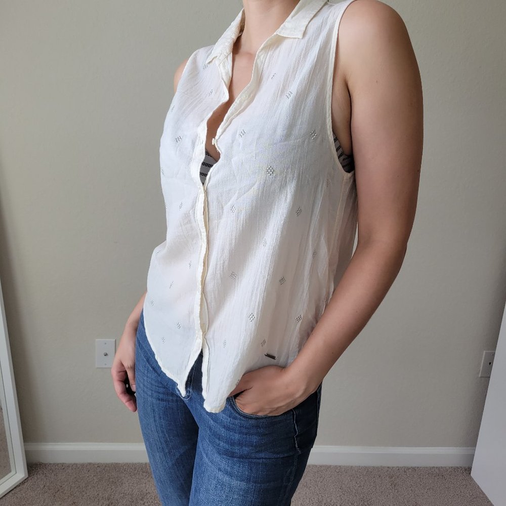 Cream Sleeveless Button Down W/ Silver Diamonds - image 3